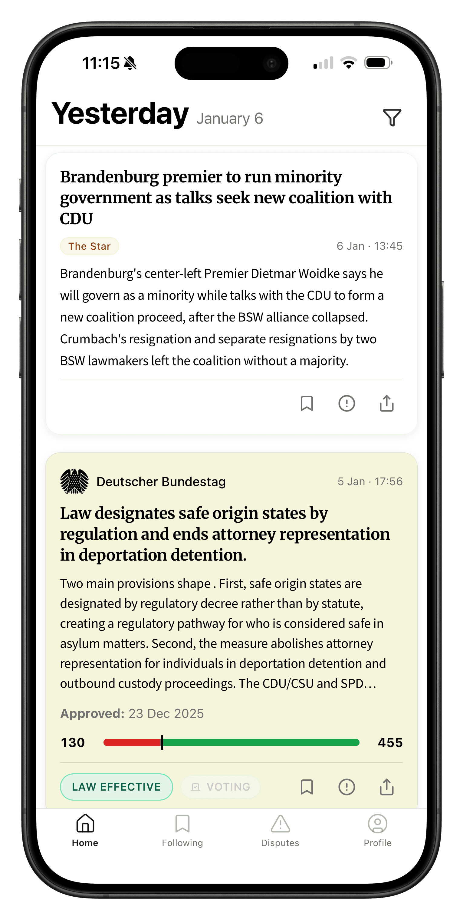 lowbrowse app on iPhone showing news and legislative tracking