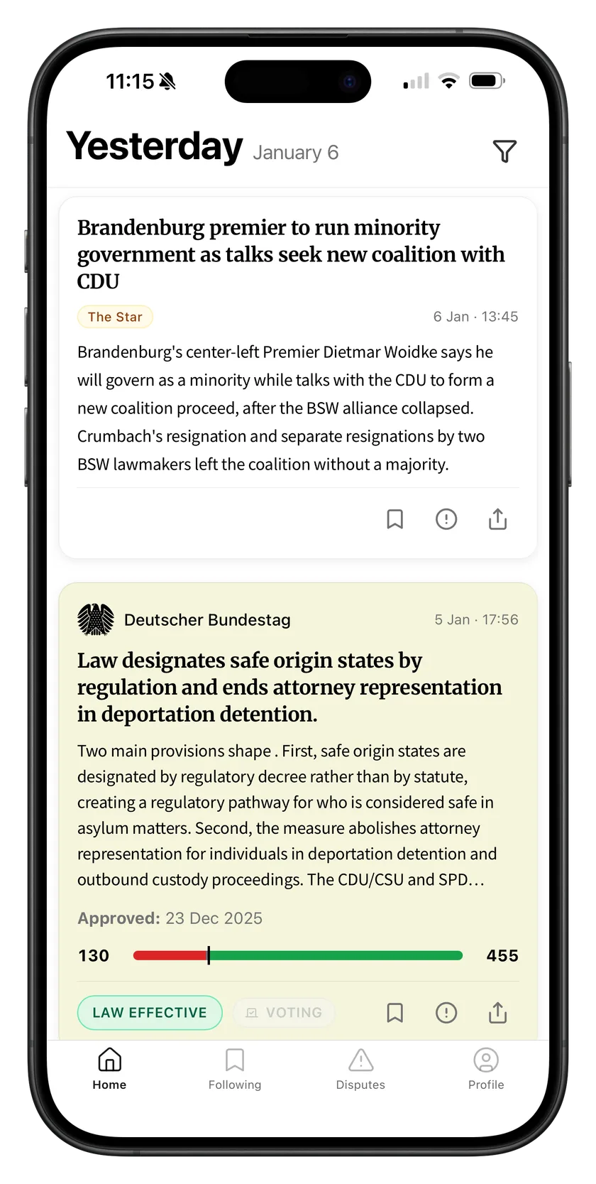 lowbrowse app on iPhone showing news and legislative tracking